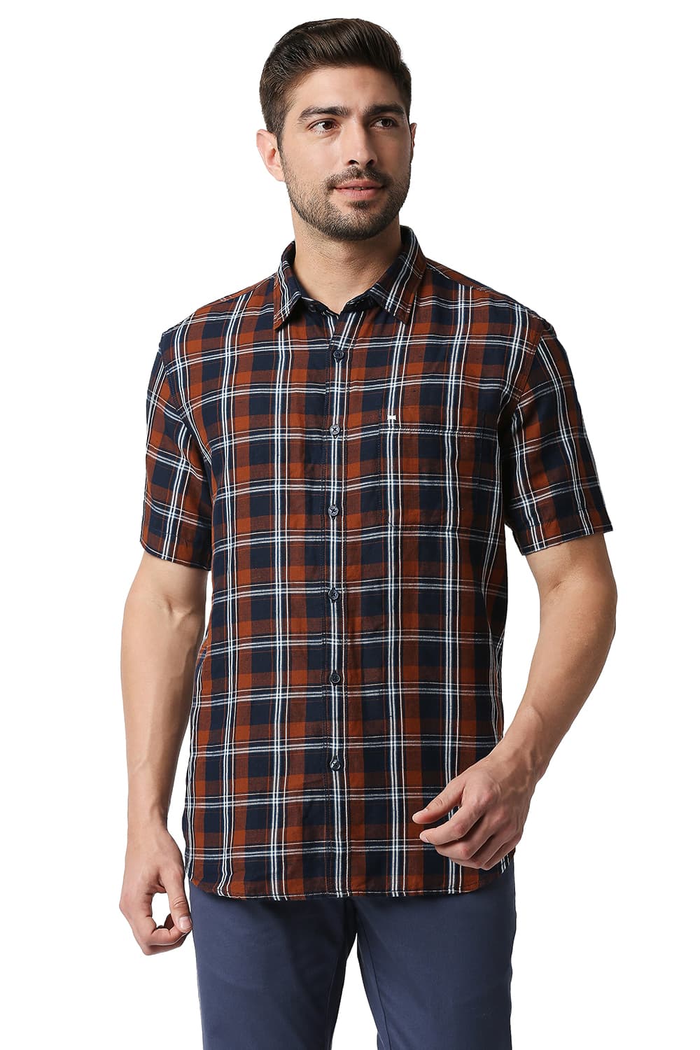 BASICS SLIM FIT COTTON LINEN CHECKS SHIRT