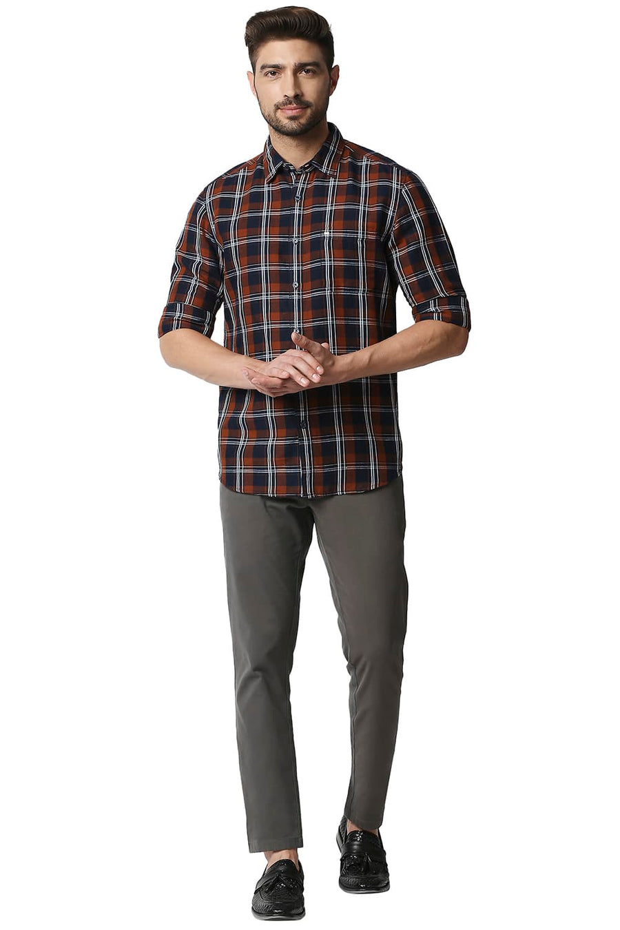 BASICS SLIM FIT COPPER BROWN COTTON LINEN CHECKS SHIRT