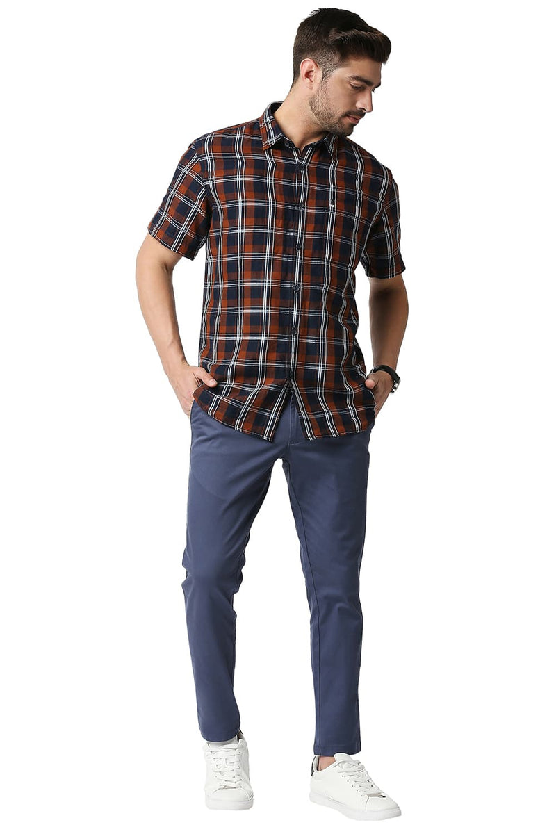 BASICS SLIM FIT COTTON LINEN CHECKS HALFSLEEVES SHIRT