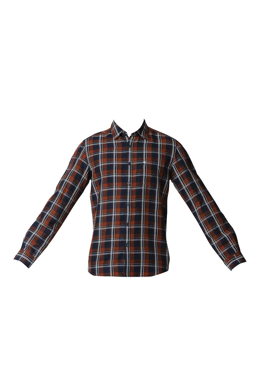 BASICS SLIM FIT COPPER BROWN COTTON LINEN CHECKS SHIRT