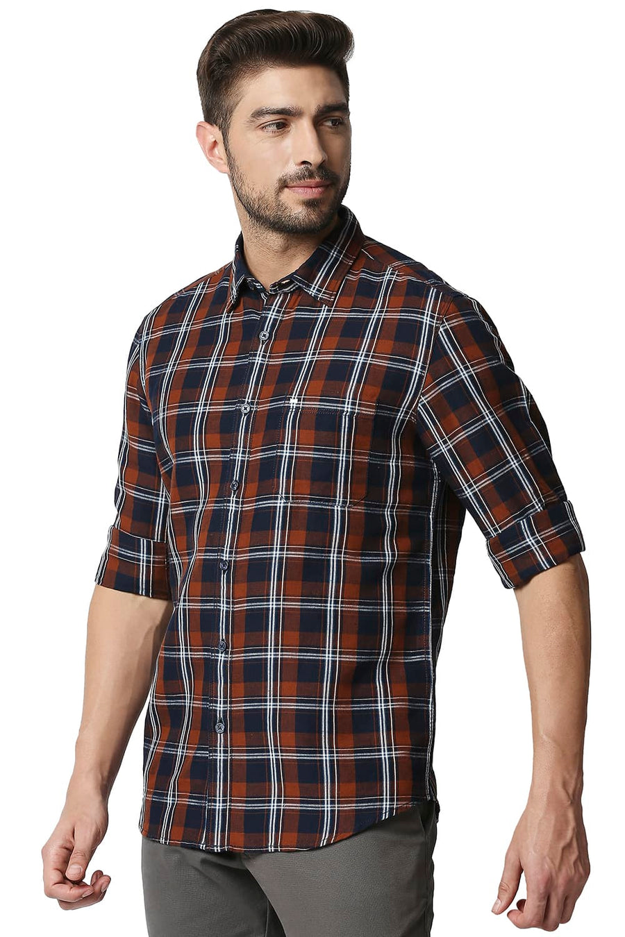 BASICS SLIM FIT COPPER BROWN COTTON LINEN CHECKS SHIRT