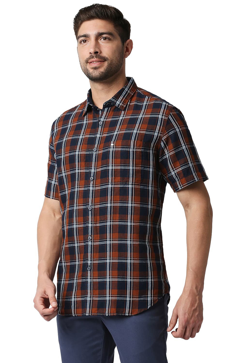 BASICS SLIM FIT COTTON LINEN CHECKS HALFSLEEVES SHIRT