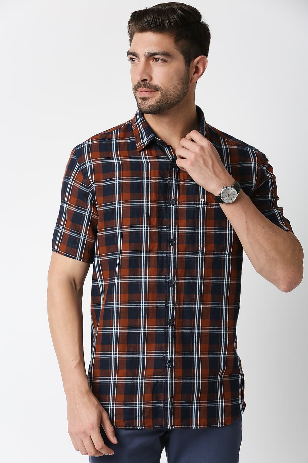 Slim Fit Cotton Linen Checks Halfsleeves Shirt