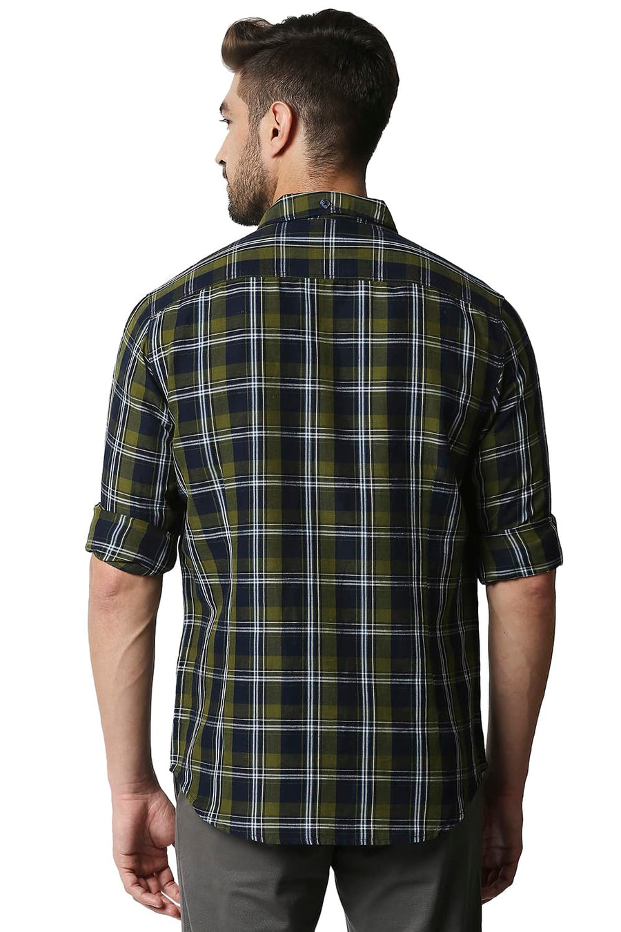 BASICS SLIM FIT DILL GREEN COTTON LINEN CHECKS SHIRT