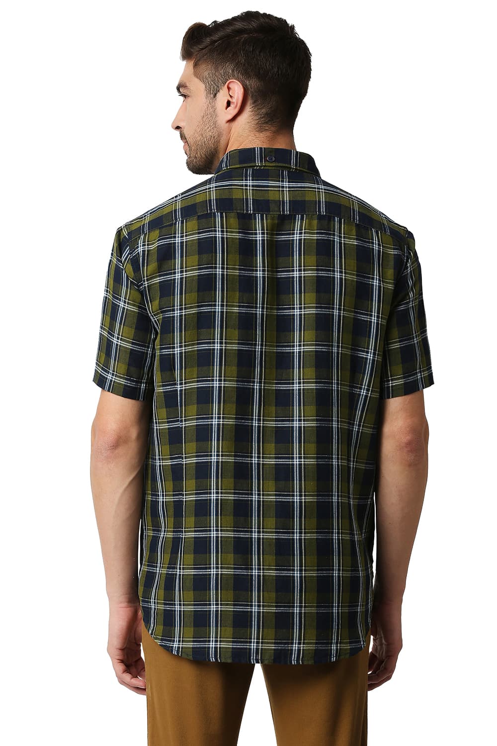 BASICS SLIM FIT COTTON LINEN CHECKS HALFSLEEVES SHIRT