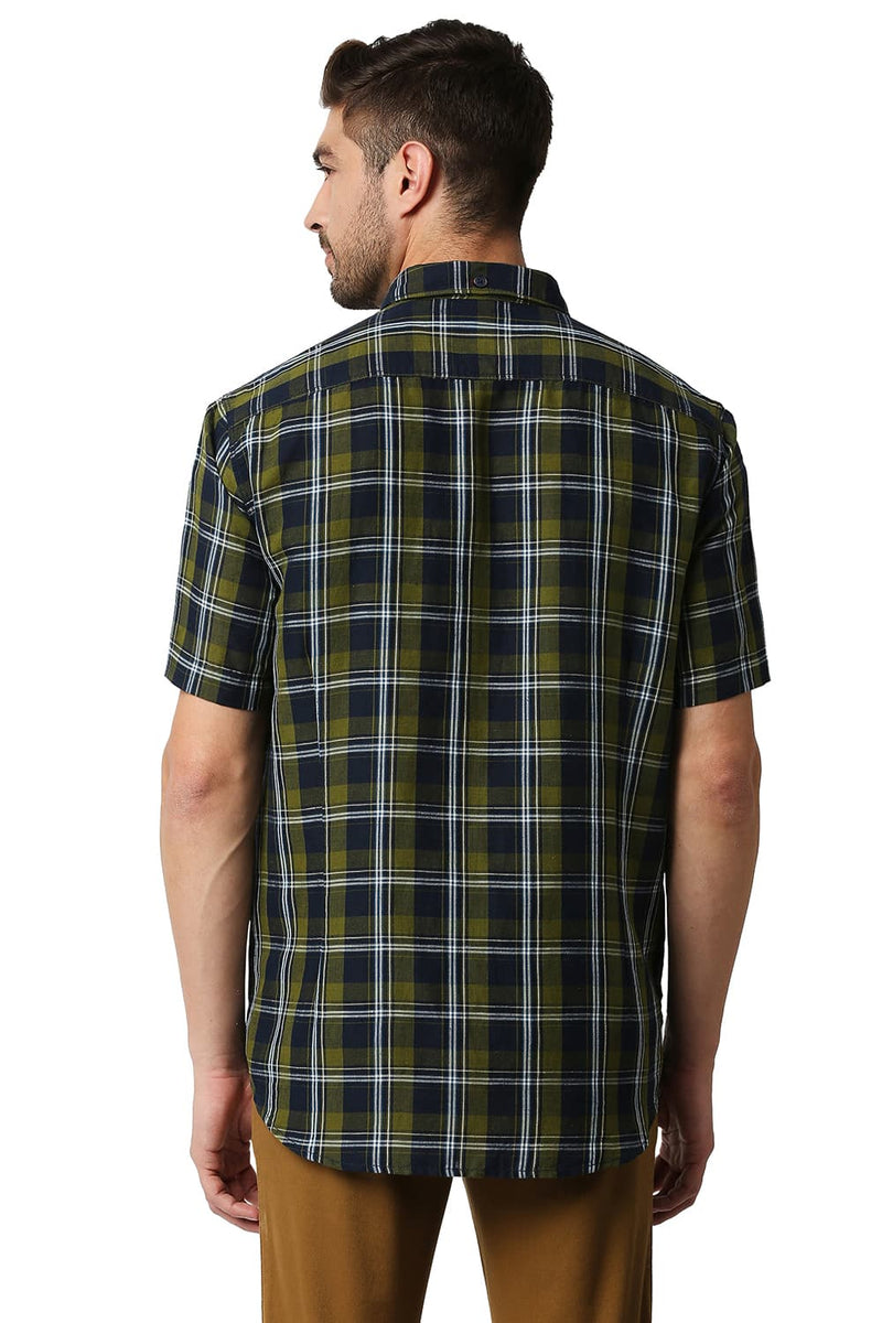 BASICS SLIM FIT COTTON LINEN CHECKS HALFSLEEVES SHIRT