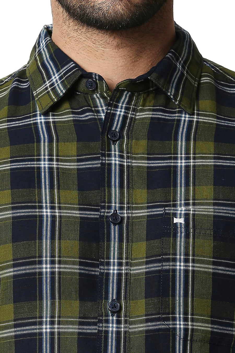 BASICS SLIM FIT DILL GREEN COTTON LINEN CHECKS SHIRT