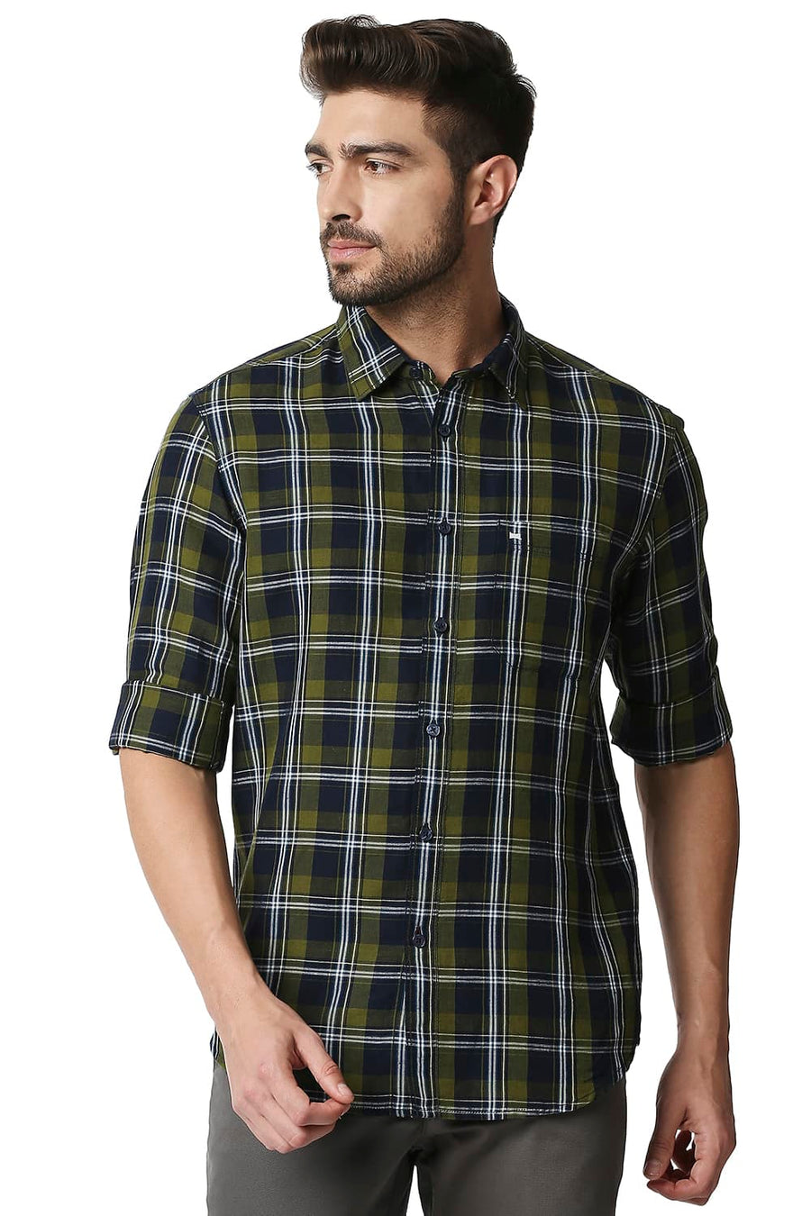 BASICS SLIM FIT DILL GREEN COTTON LINEN CHECKS SHIRT
