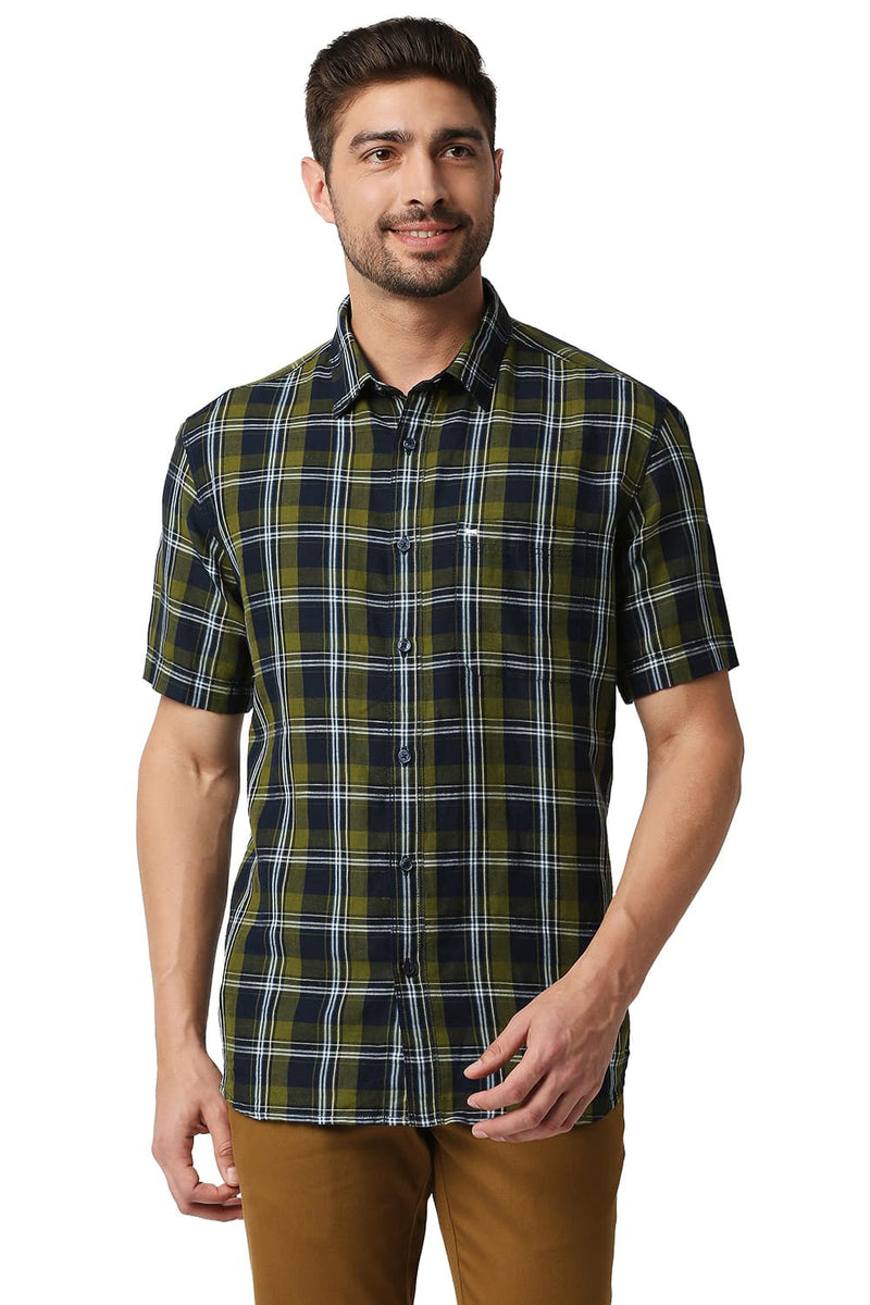 BASICS SLIM FIT COTTON LINEN CHECKS HALFSLEEVES SHIRT