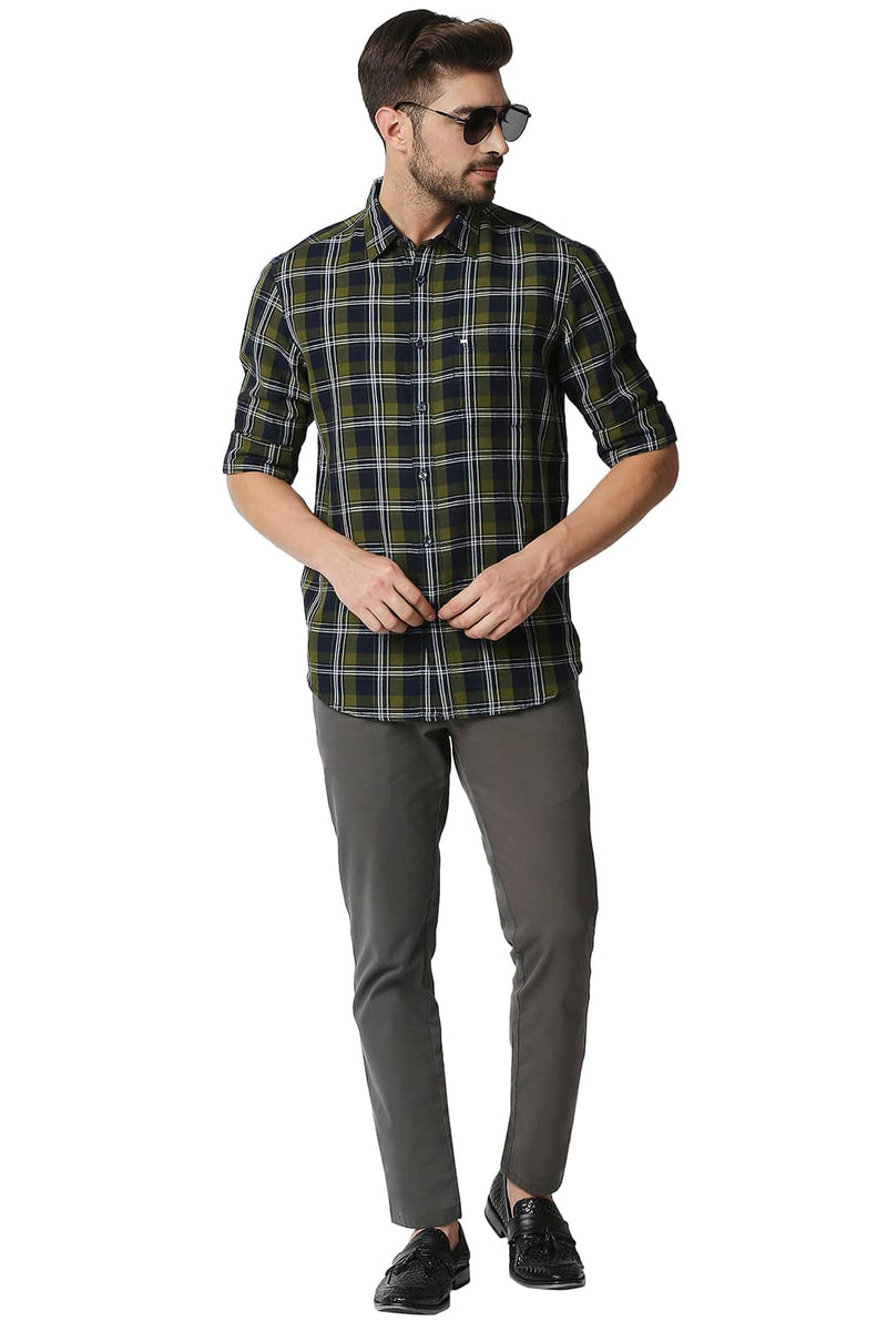 BASICS SLIM FIT COTTON LINEN CHECKS SHIRT