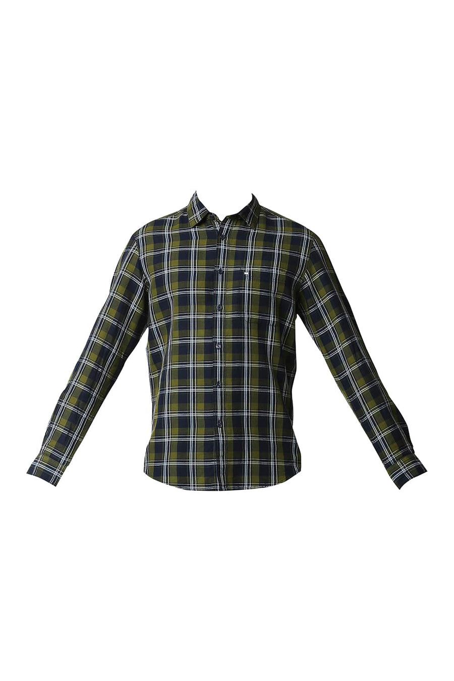 BASICS SLIM FIT DILL GREEN COTTON LINEN CHECKS SHIRT