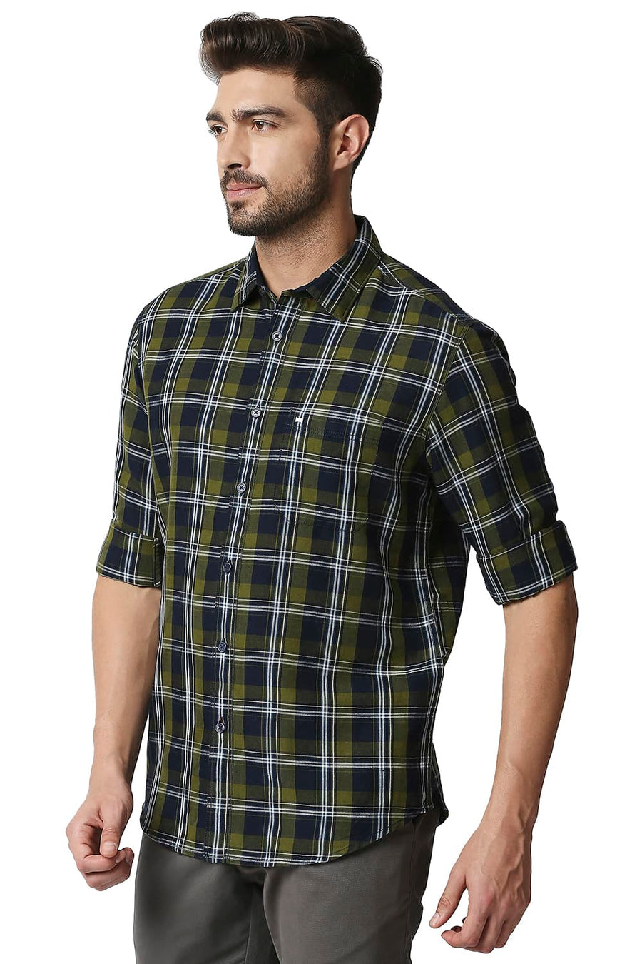 BASICS SLIM FIT DILL GREEN COTTON LINEN CHECKS SHIRT