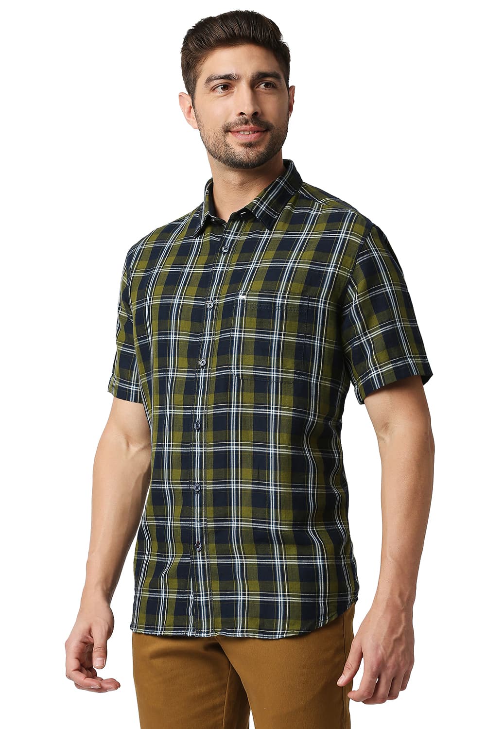 BASICS SLIM FIT COTTON LINEN CHECKS HALFSLEEVES SHIRT