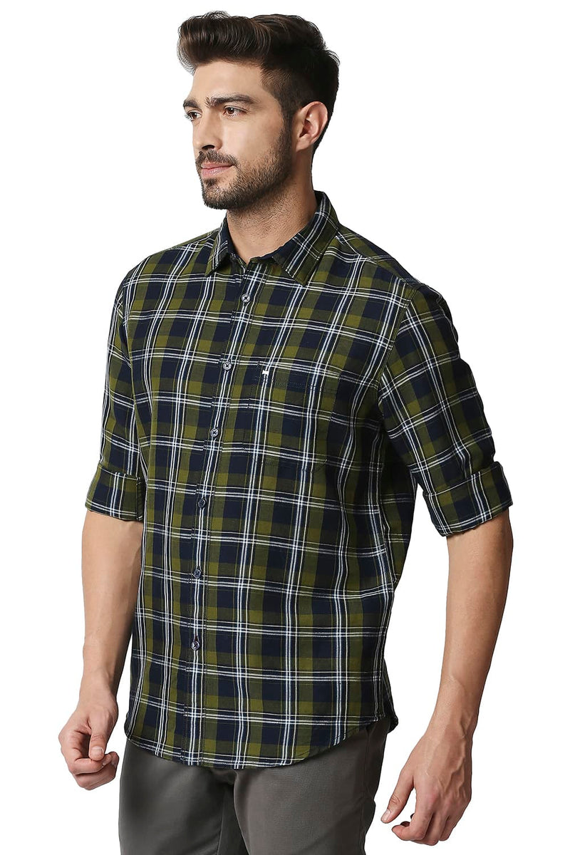 BASICS SLIM FIT COTTON LINEN CHECKS SHIRT