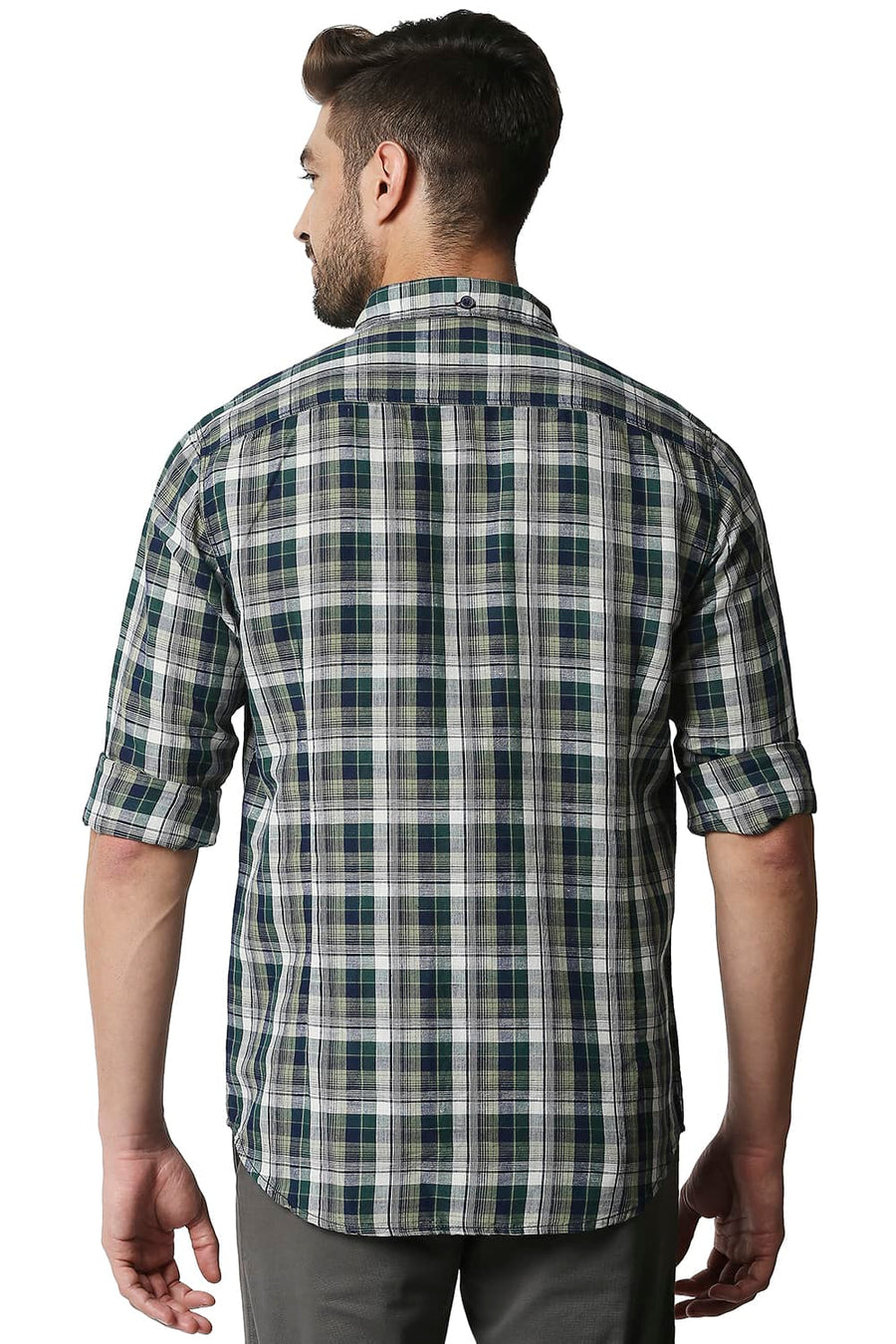 BASICS SLIM FIT BOTANICAL GREEN COTTON LINEN CHECKS SHIRT