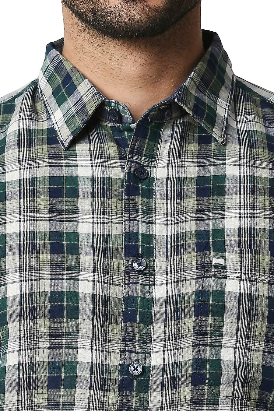 BASICS SLIM FIT BOTANICAL GREEN COTTON LINEN CHECKS SHIRT