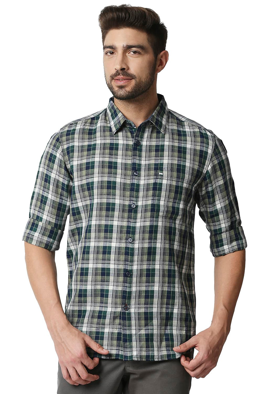 BASICS SLIM FIT BOTANICAL GREEN COTTON LINEN CHECKS SHIRT
