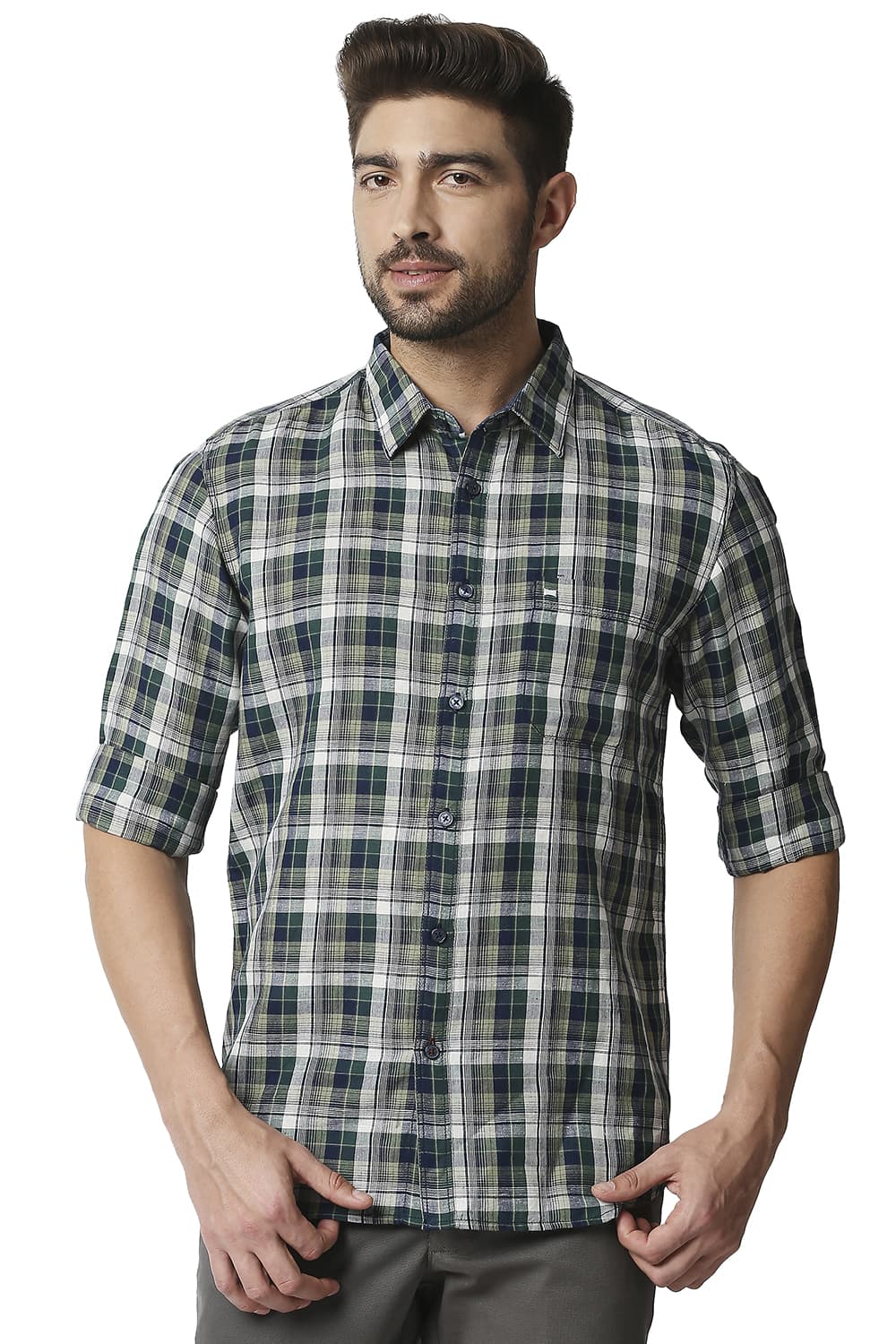 BASICS SLIM FIT COTTON LINEN CHECKS SHIRT