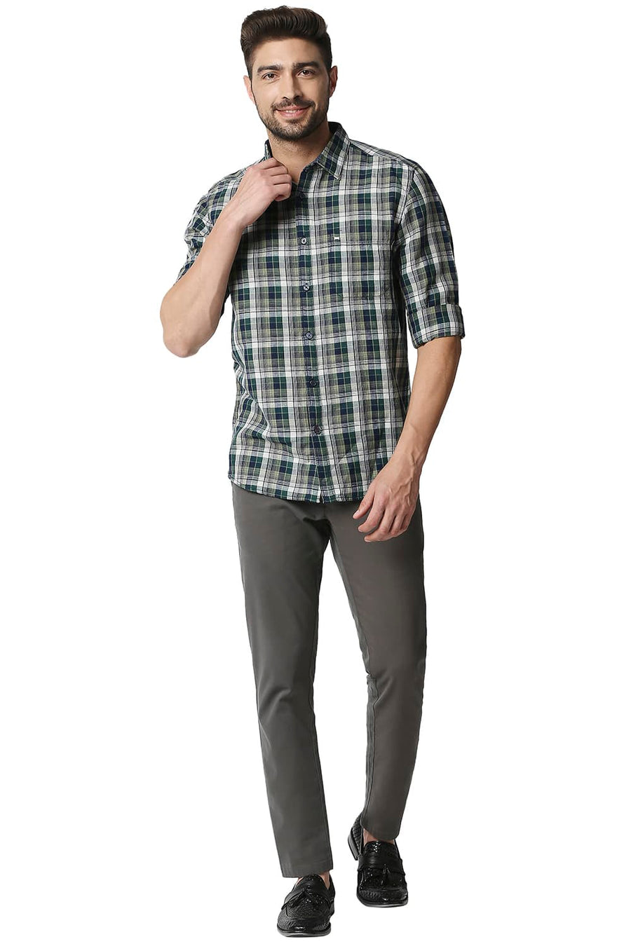 BASICS SLIM FIT BOTANICAL GREEN COTTON LINEN CHECKS SHIRT