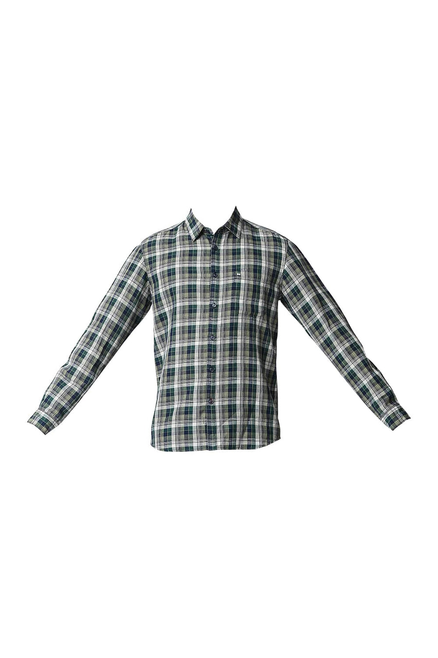 BASICS SLIM FIT BOTANICAL GREEN COTTON LINEN CHECKS SHIRT