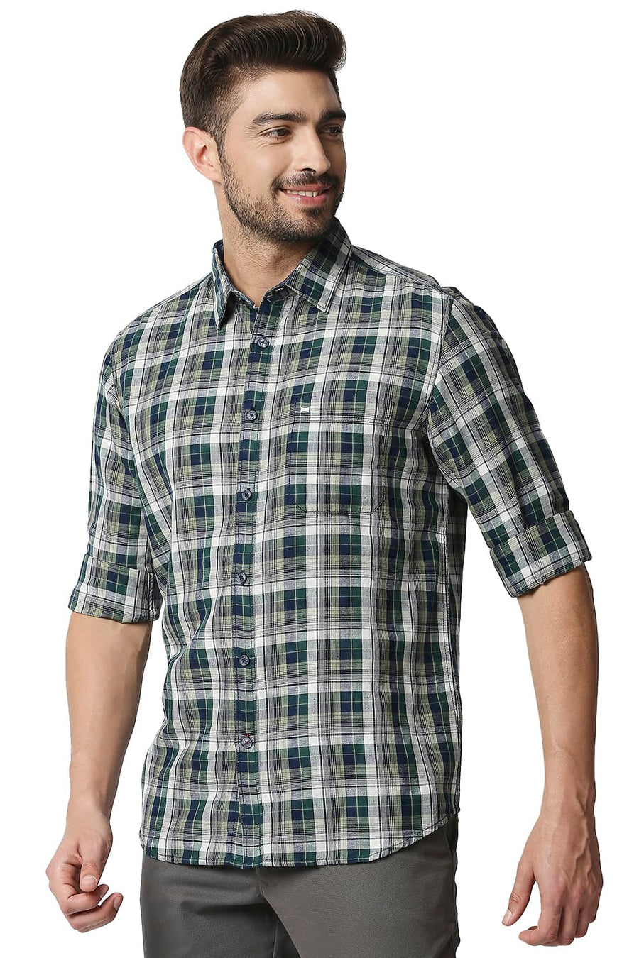 BASICS SLIM FIT BOTANICAL GREEN COTTON LINEN CHECKS SHIRT