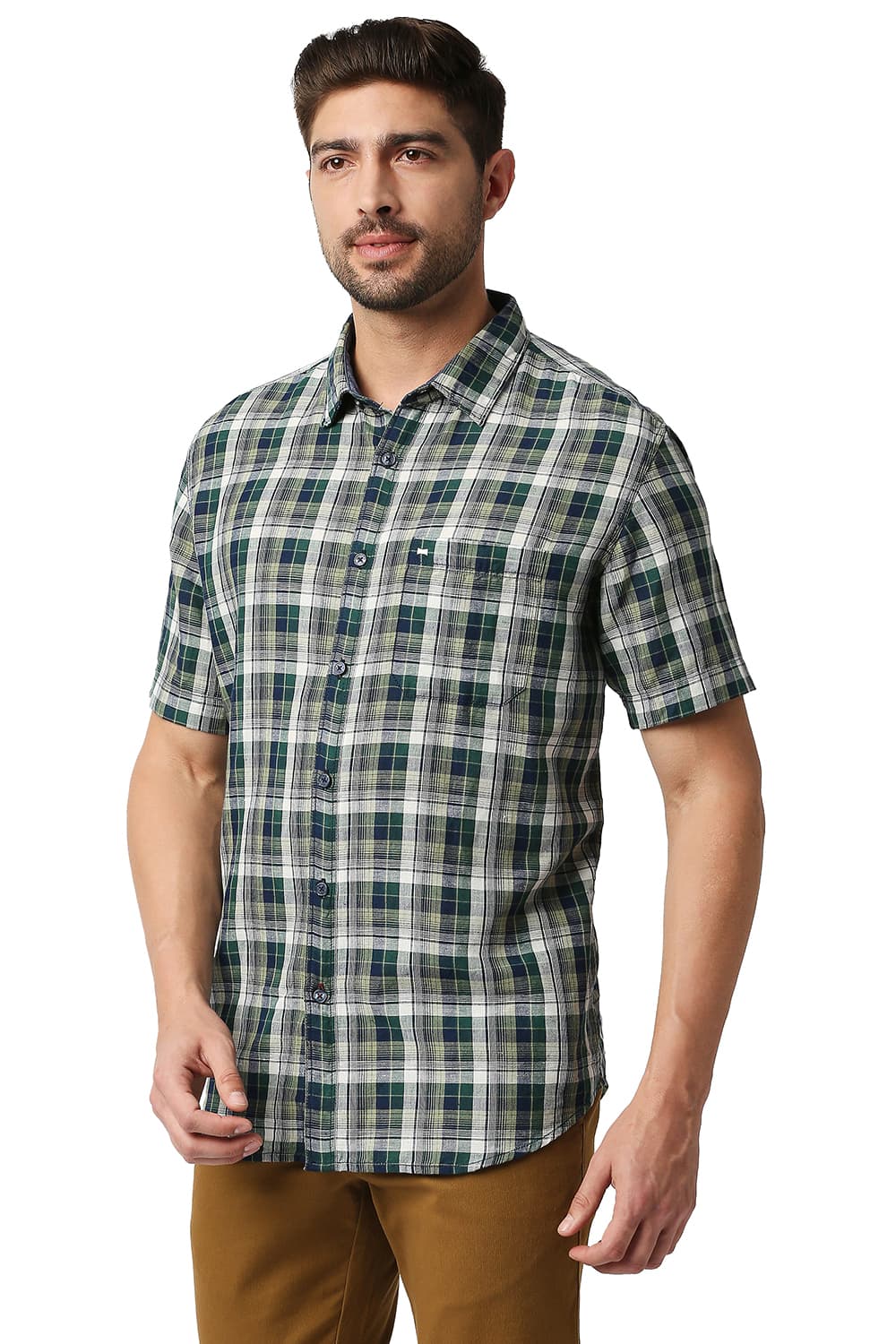 BASICS SLIM FIT COTTON LINEN CHECKS HALFSLEEVES SHIRT