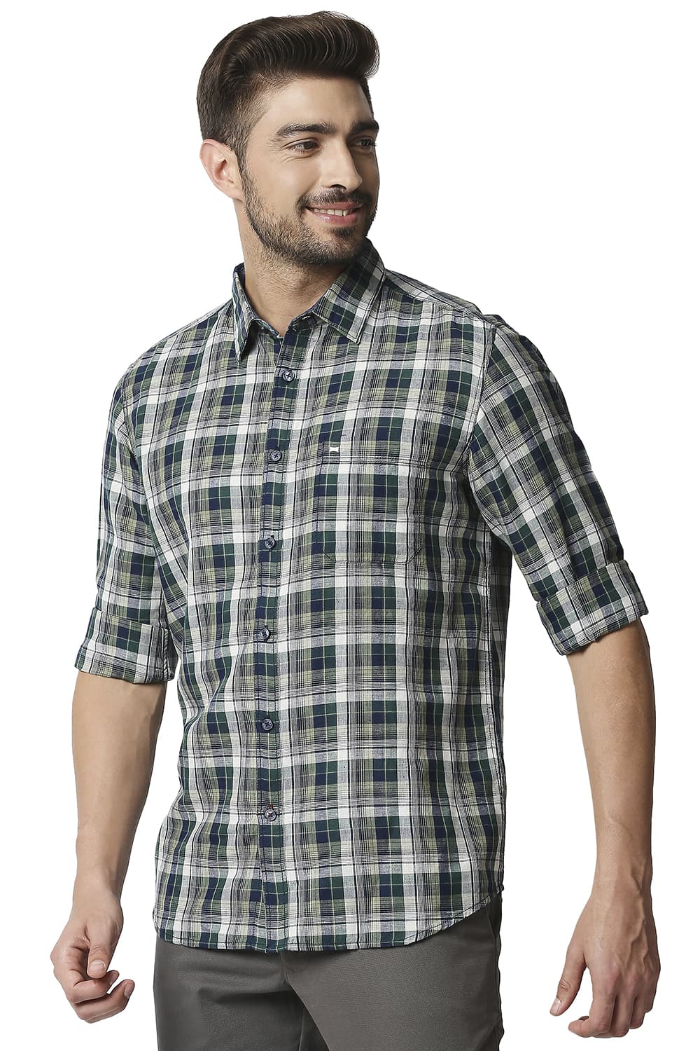 BASICS SLIM FIT COTTON LINEN CHECKS SHIRT