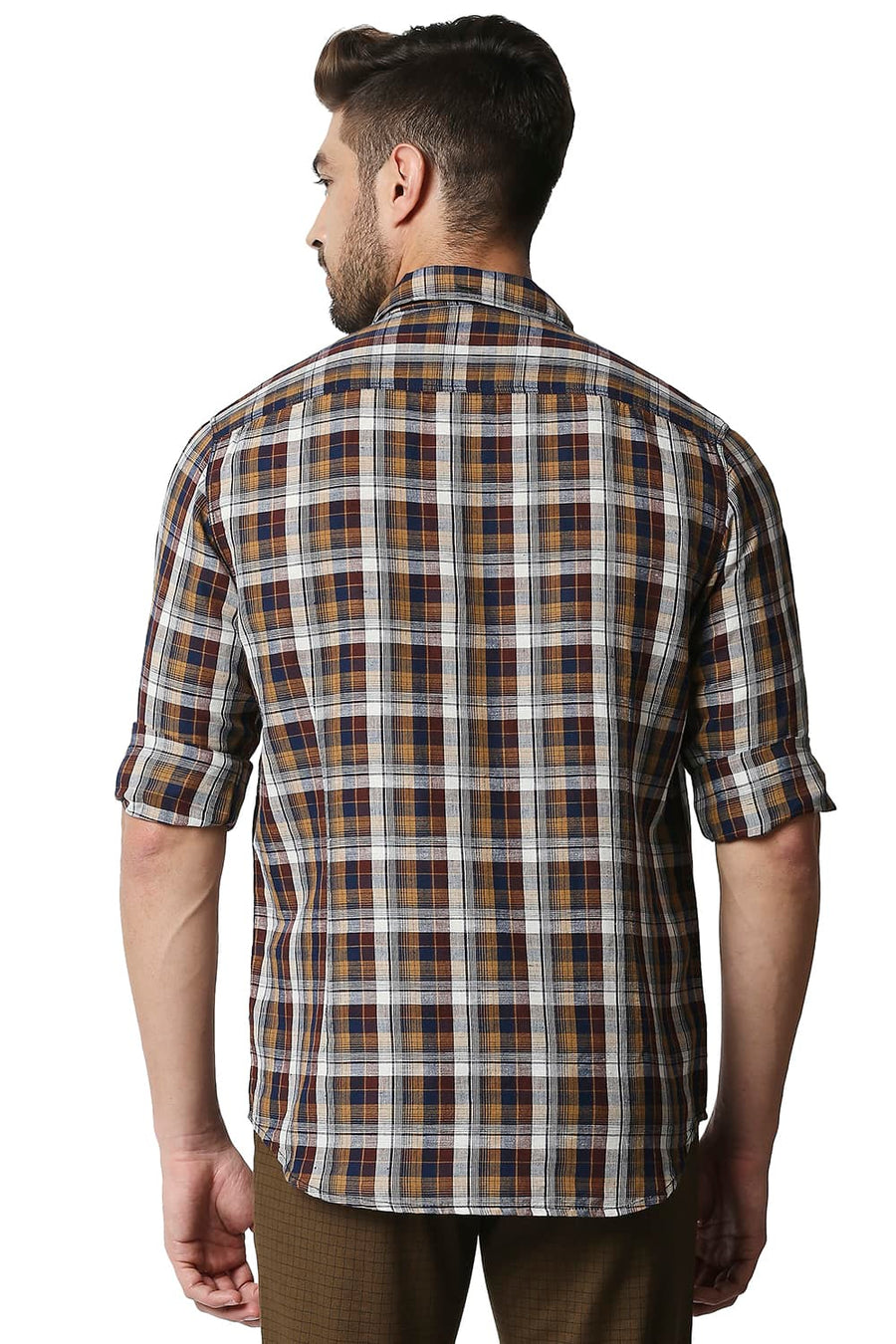BASICS SLIM FIT RAISIN BROWN COTTON LINEN CHECKS SHIRT