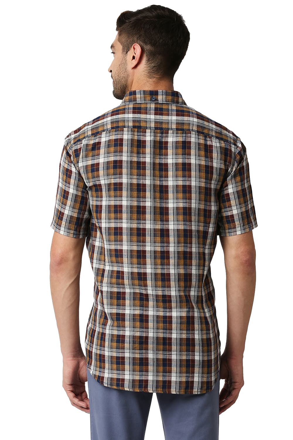 BASICS SLIM FIT COTTON LINEN CHECKS HALFSLEEVES SHIRT