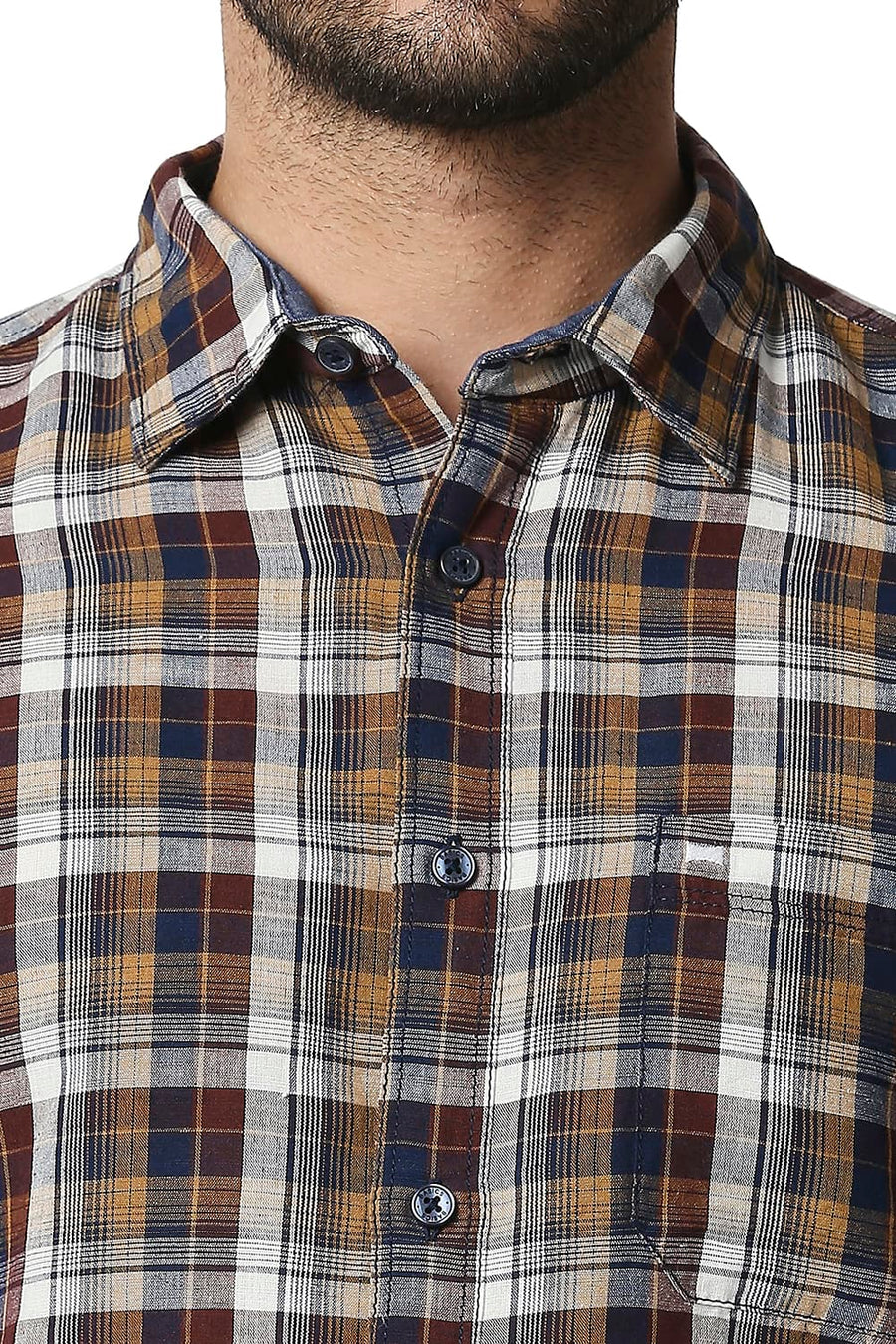 BASICS SLIM FIT RAISIN BROWN COTTON LINEN CHECKS SHIRT