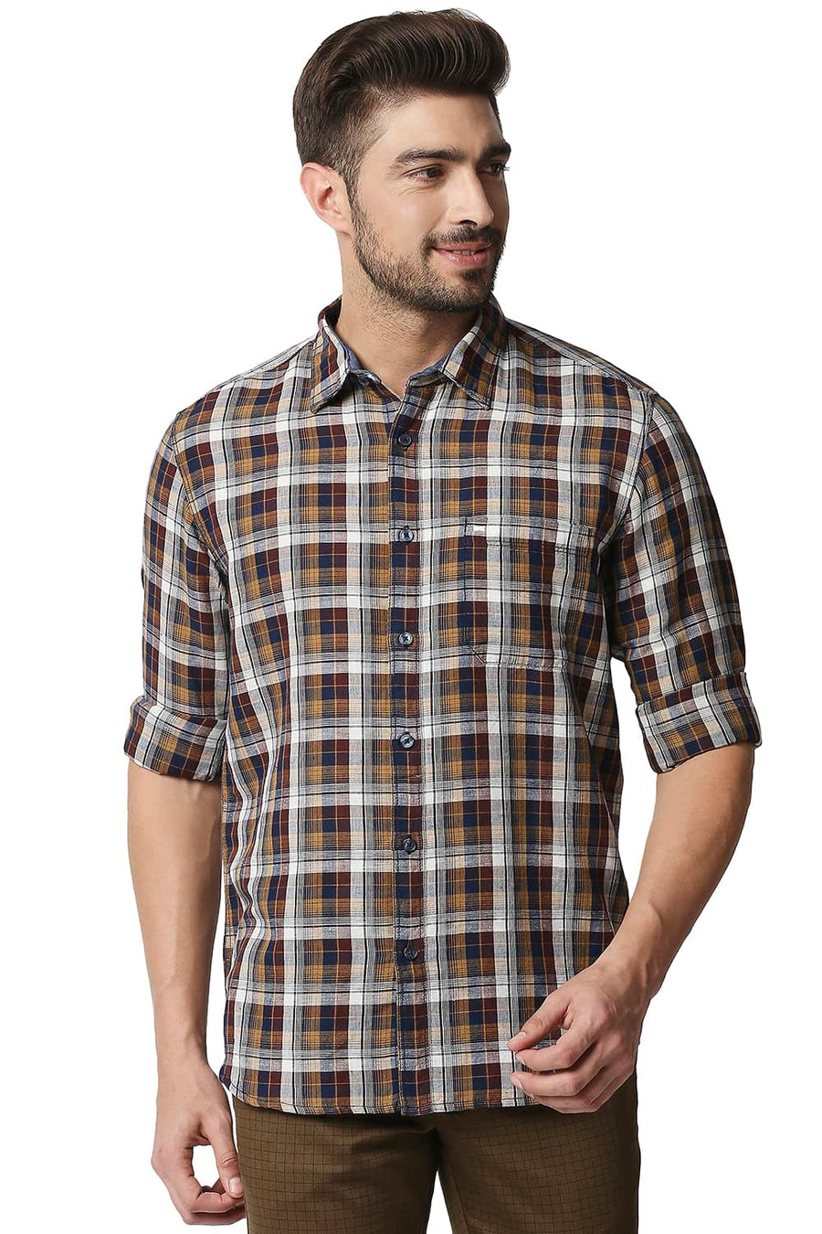 BASICS SLIM FIT RAISIN BROWN COTTON LINEN CHECKS SHIRT