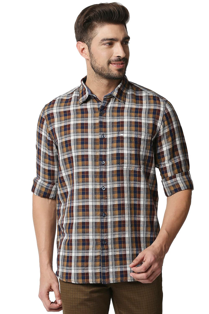 BASICS SLIM FIT COTTON LINEN CHECKS SHIRT