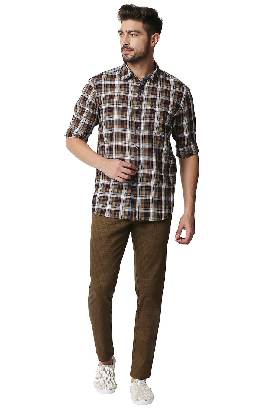 BASICS SLIM FIT RAISIN BROWN COTTON LINEN CHECKS SHIRT