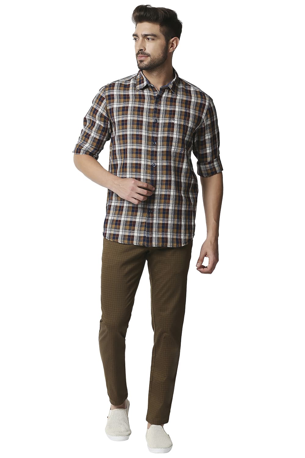 BASICS SLIM FIT COTTON LINEN CHECKS SHIRT