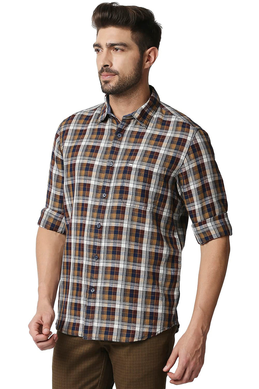 BASICS SLIM FIT RAISIN BROWN COTTON LINEN CHECKS SHIRT