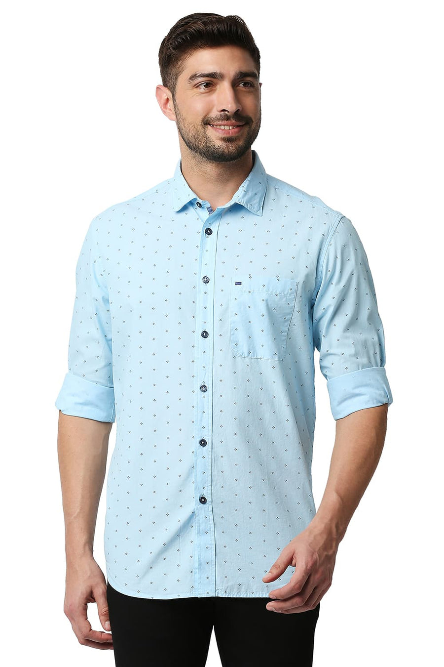 BASICS SLIM FIT CRYSTAL BLUE FIL-A-FIL PRINTED SHIRT