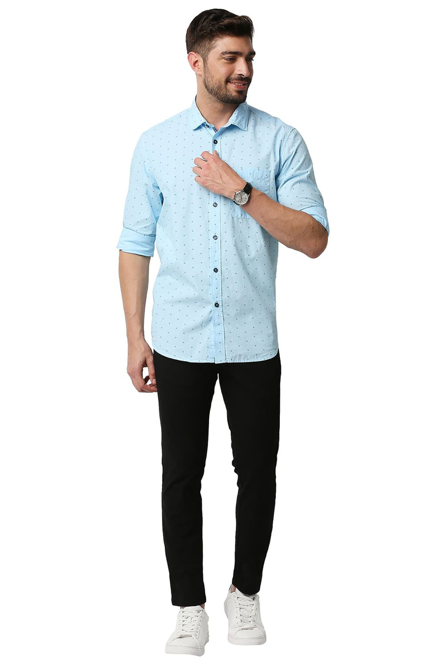 BASICS SLIM FIT CRYSTAL BLUE FIL-A-FIL PRINTED SHIRT