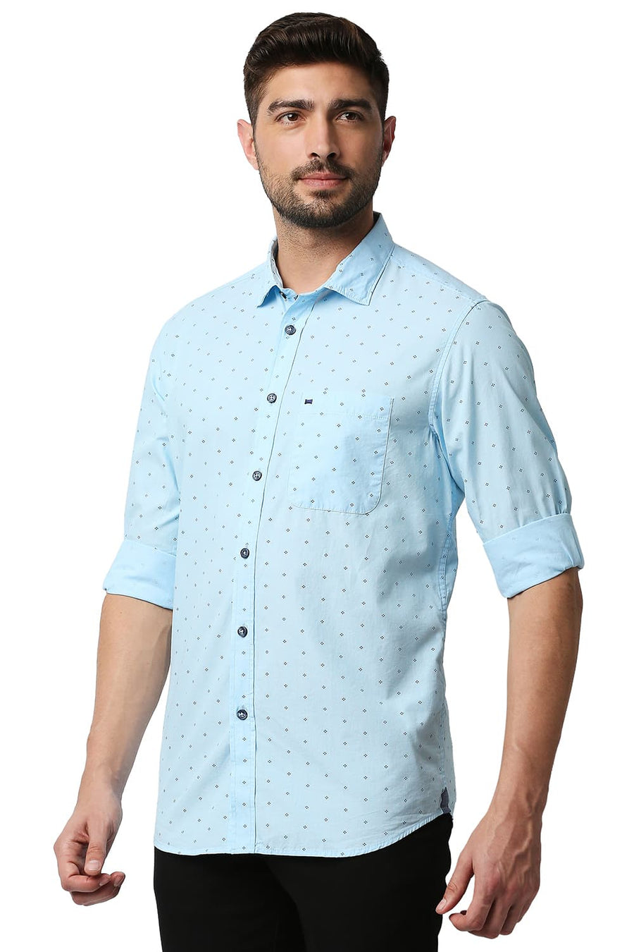 BASICS SLIM FIT CRYSTAL BLUE FIL-A-FIL PRINTED SHIRT
