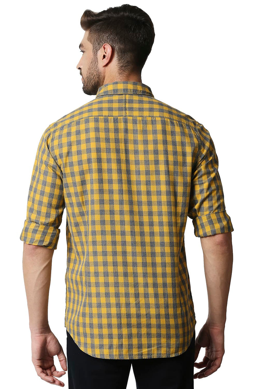 BASICS SLIM FIT GOLDEN YELLOW MELANGE CHECKS SHIRT