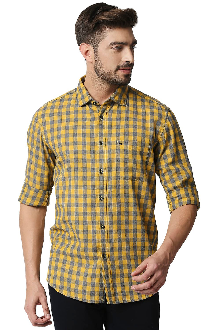 BASICS SLIM FIT GOLDEN YELLOW MELANGE CHECKS SHIRT