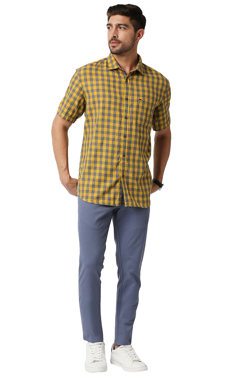 BASICS SLIM FIT MELANGE CHECKS HALFSLEEVES SHIRT