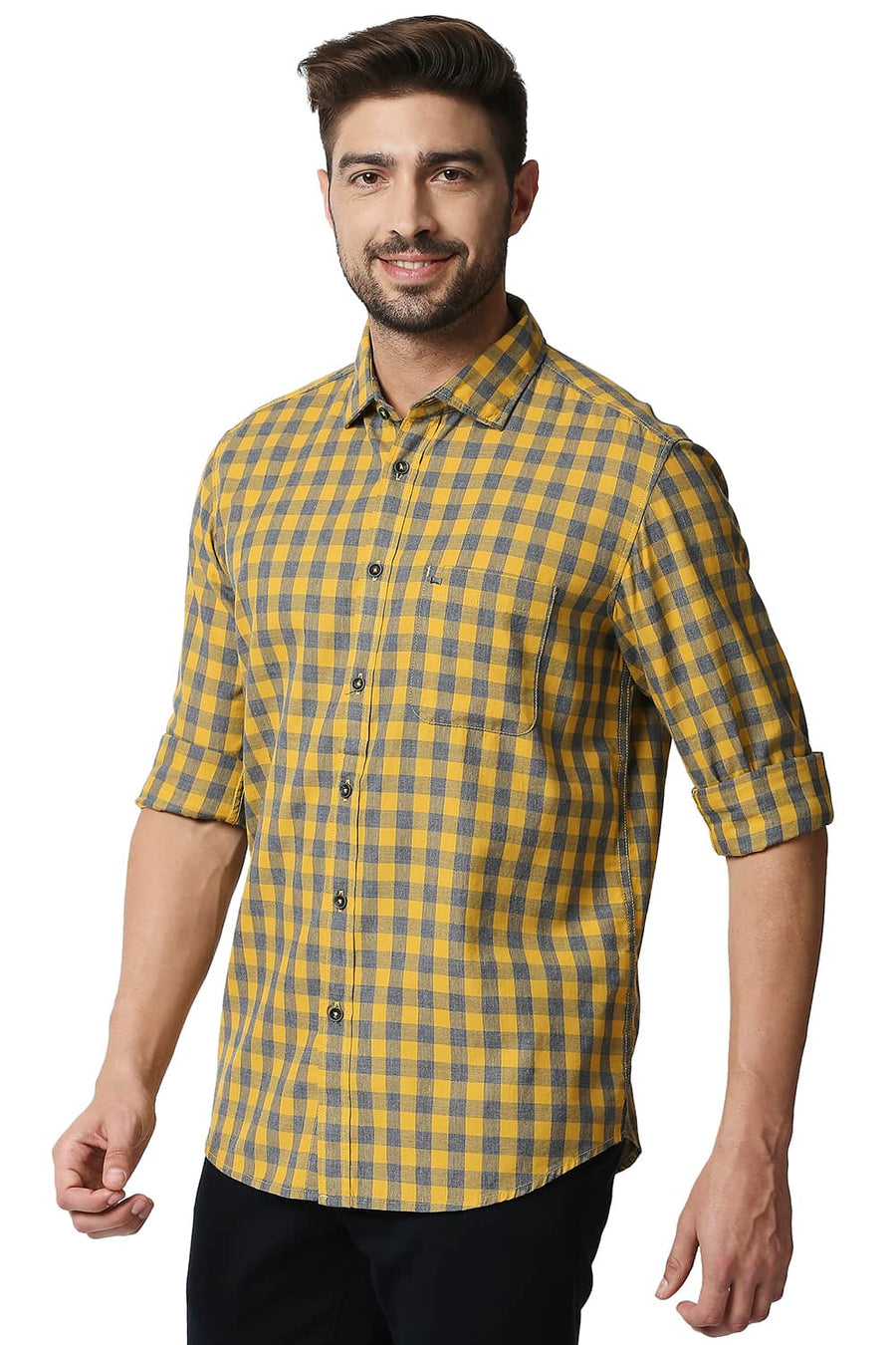 BASICS SLIM FIT GOLDEN YELLOW MELANGE CHECKS SHIRT