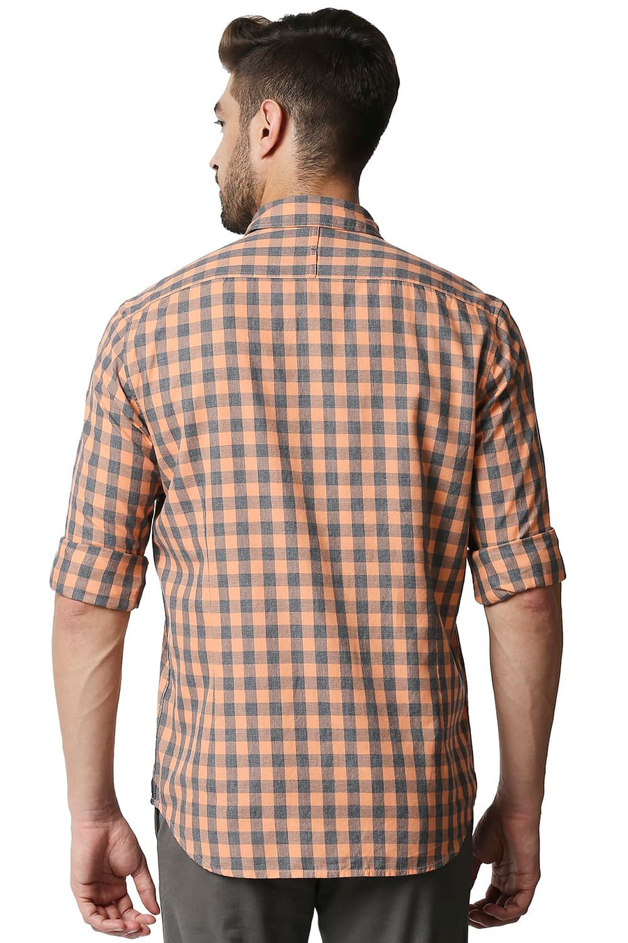 BASICS SLIM FIT ORANGE PUNCH MELANGE CHECKS SHIRT