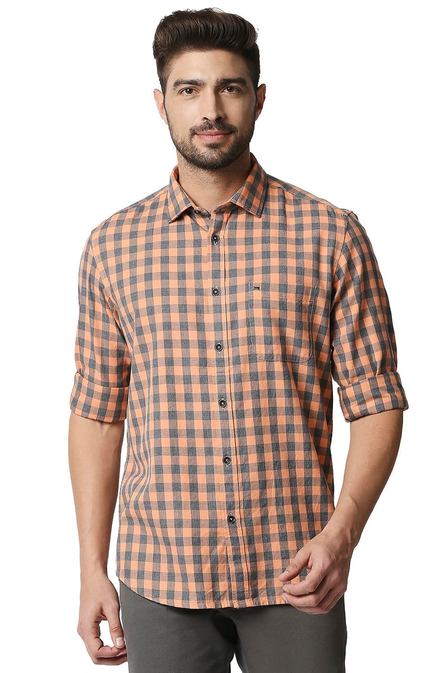 BASICS SLIM FIT ORANGE PUNCH MELANGE CHECKS SHIRT
