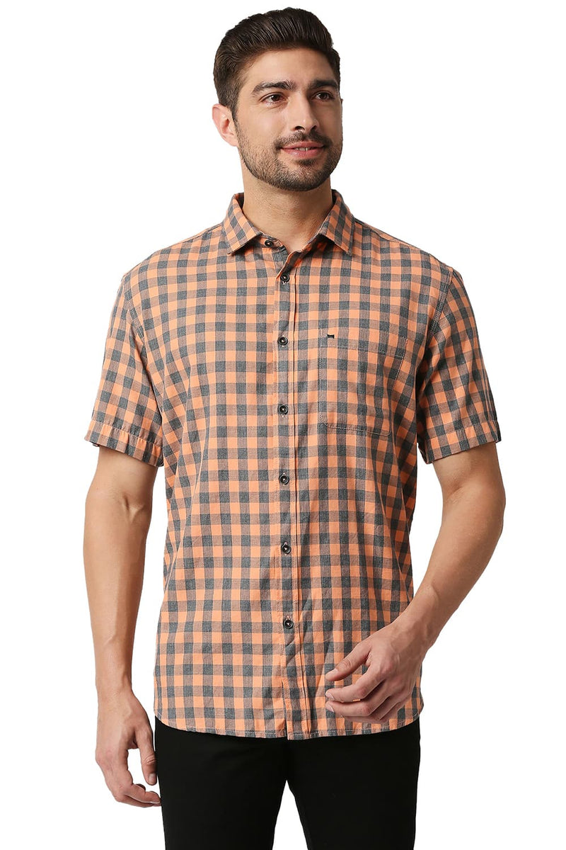 BASICS SLIM FIT MELANGE CHECKS HALFSLEEVES SHIRT