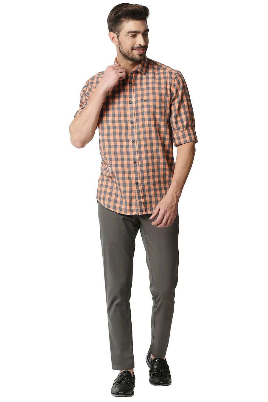 BASICS SLIM FIT ORANGE PUNCH MELANGE CHECKS SHIRT