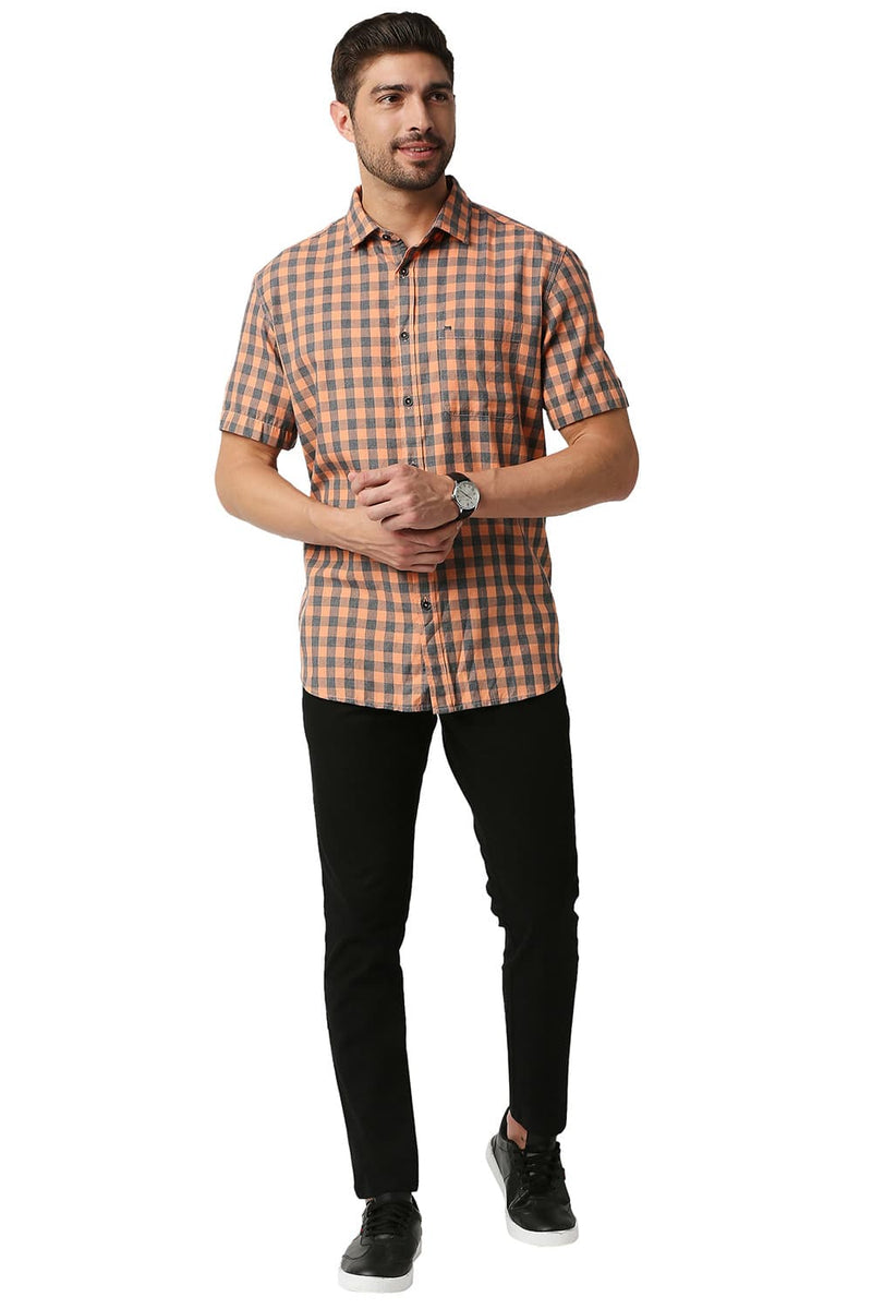 BASICS SLIM FIT MELANGE CHECKS HALFSLEEVES SHIRT