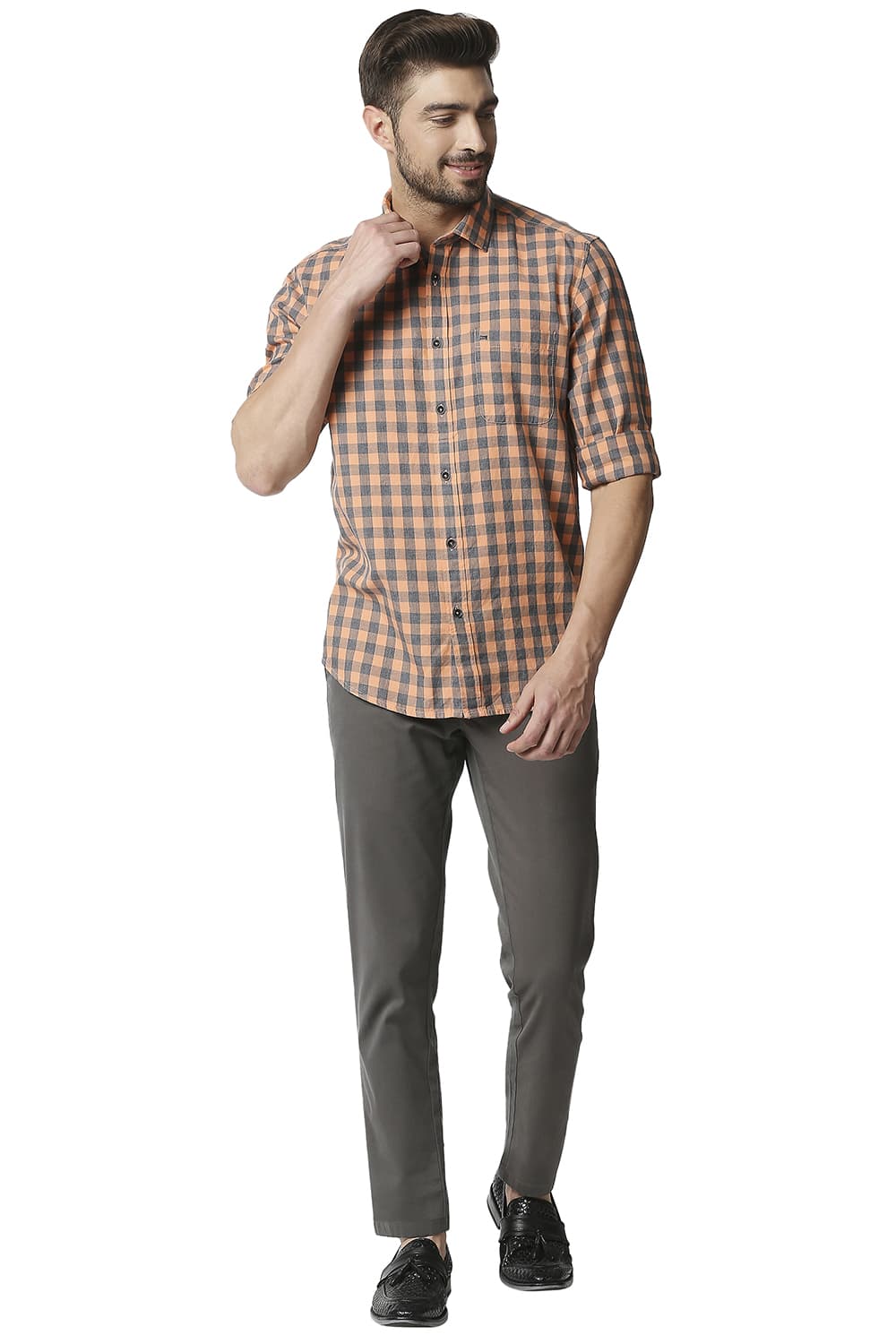 BASICS SLIM FIT MELANGE CHECKS SHIRT