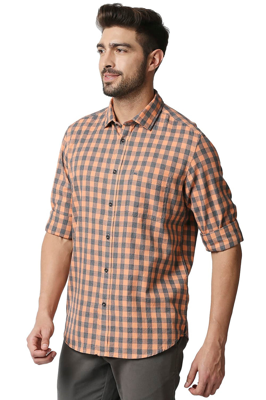 BASICS SLIM FIT ORANGE PUNCH MELANGE CHECKS SHIRT