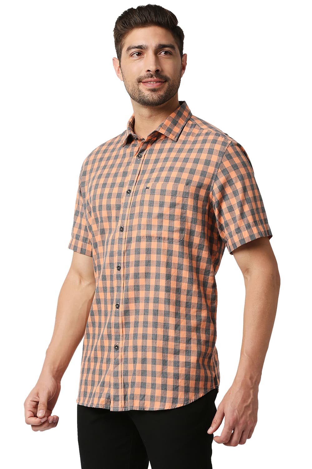 BASICS SLIM FIT MELANGE CHECKS HALFSLEEVES SHIRT